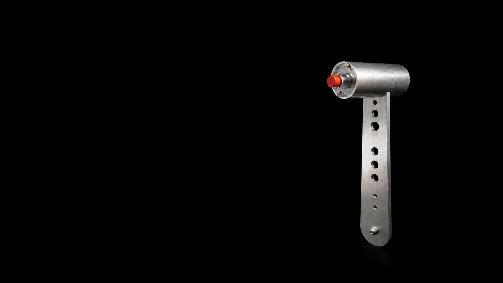 Rendered three-quarter view of the throttleQ™ TO/GA aluminum throttle assembly showing a red pre-production push button; customer units use a black button